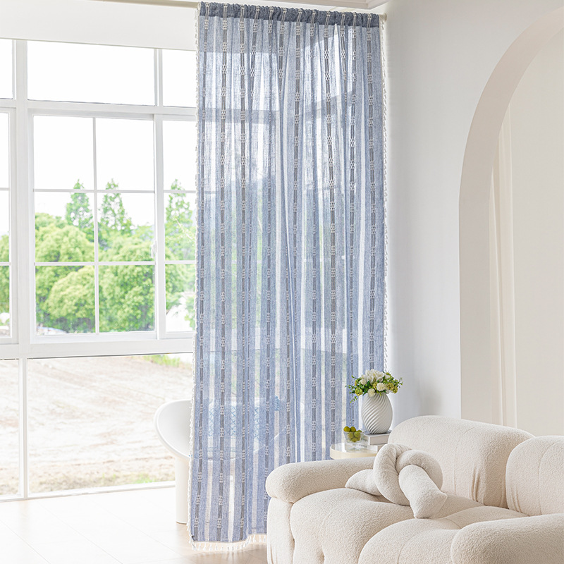 Picture of Cross-border exclusive for Nordic cotton and linen curtains multi-color solid color cotton and linen yarn semi-transparent bedroom living room floor curtains with yarn