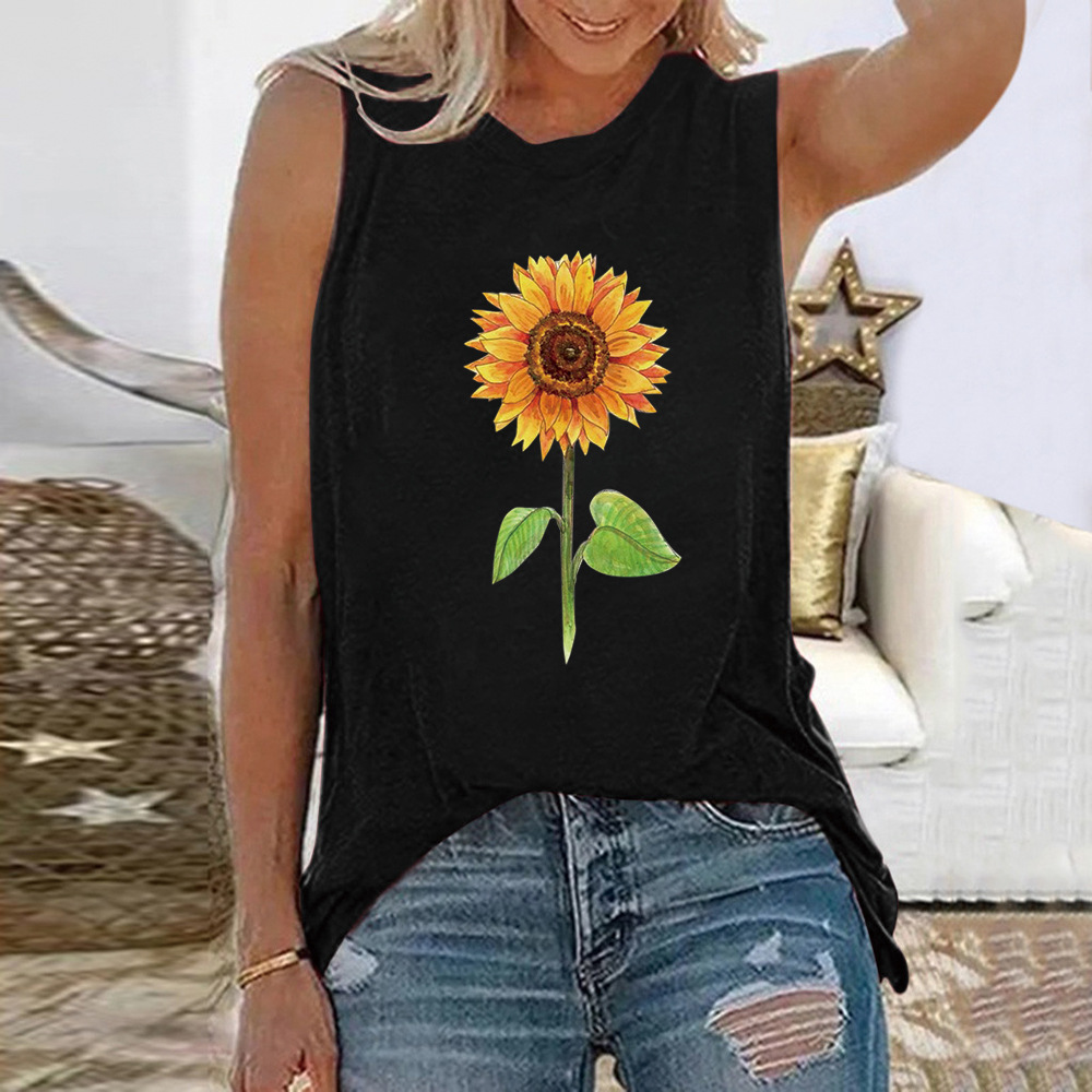 AliExpress Cross-border New Product Sunflower Pattern Women Loose Pullover Fresh Sweet Vest Sleeveless T-shirt
