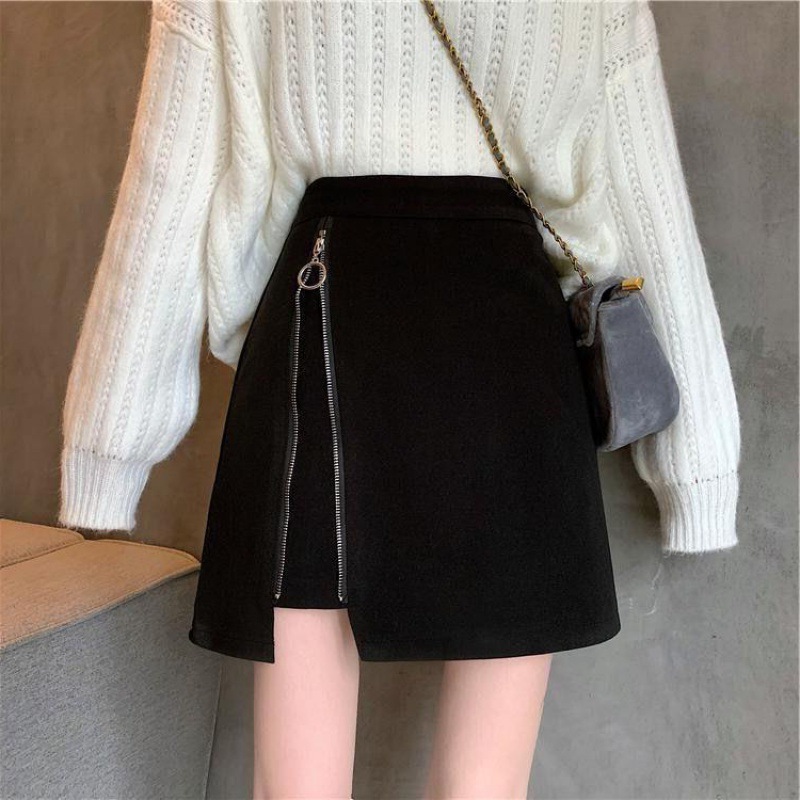2021 autumn and winter care woolen skirt women's high waist irregular skirt black word skirt hip skirt