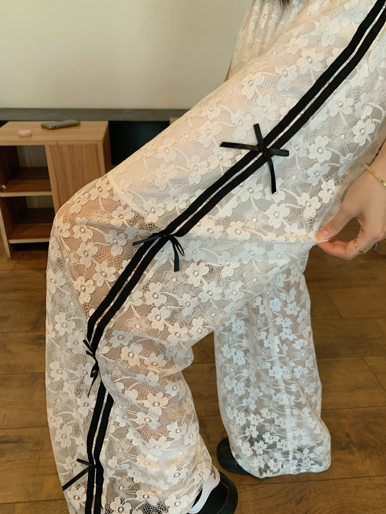 Bow Lace Hollow Casual Pants Women's Early Autumn Design Chic High Waist Slimming High Waist Slimming Straight Pants