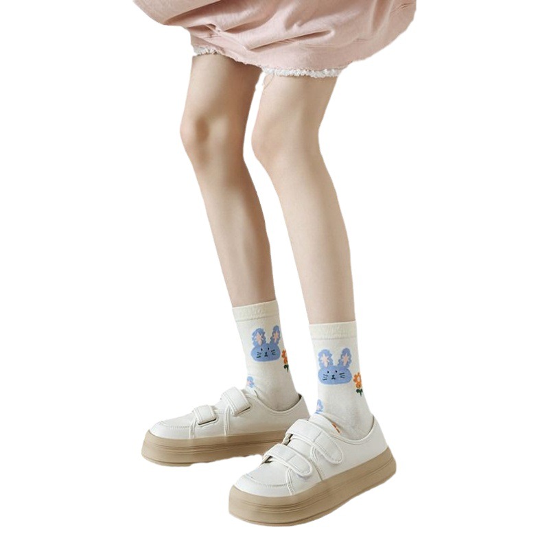 Socks Women's Japanese-style Cute Cartoon Hand-painted Smiley Socks Spring and Autumn Korean-style ins Trendy Mid-length Socks for Women
