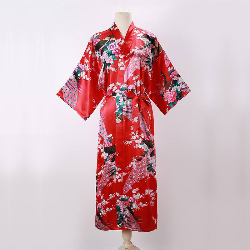 Picture of Women's Sexy Long Pajamas Summer Kimono Robe Thin Peacock Print Bathrobe Imitation Silk Kimono Nightgown Foreign Trade