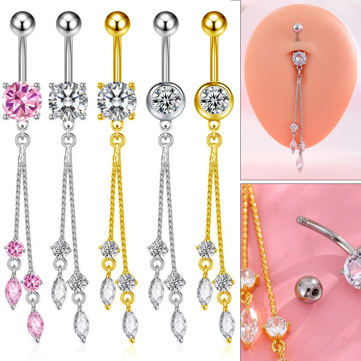Cross-Border E-Commerce European and American Fashion New Chain Long Copper Inlaid Zircon Body Piercing Jewelry Navel Ring Navel Nail