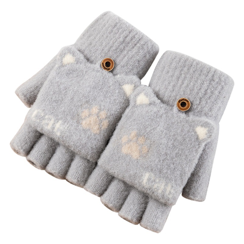 Snowflake Show Gloves Women's Winter Cute Cartoon Children's Half Finger Flip Warm Student Writing Knitted Gloves Wholesale