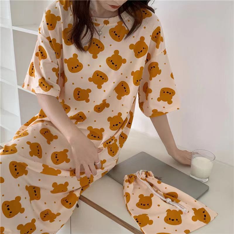 Women's Summer Short-sleeved Loose Large-size Pregnant Women's Pajamas Mid-length Skirt Cartoon Student Thin Outwear Home Clothes