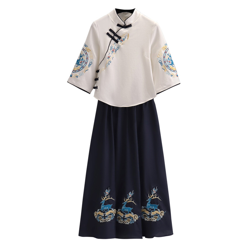 Picture of Chinese Style National Style Hanfu Modified Zen Tea Clothing Top Vintage Embroidered Deer Yao Buckle Top suit Summer Skirt