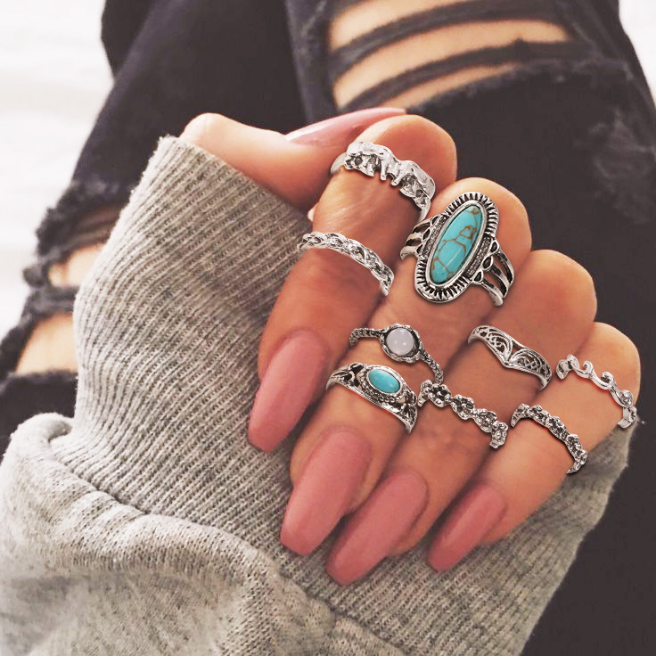 Cross-border Exclusive Cross-border Exclusive European and American Style Elephant Turquoise Ring Set Combination 9-piece Joint Ring
