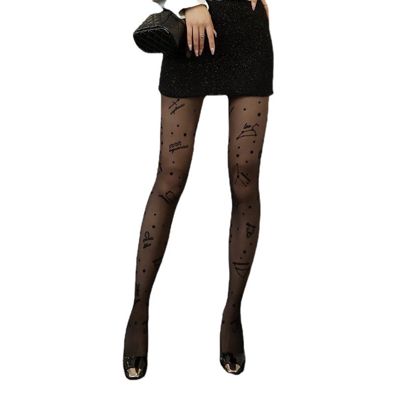 Internet-Famous English Letter Trendy Flocking Stockings, Feminine Thin Style, Customizable Cut, Printed Pantyhose, Black Stockings