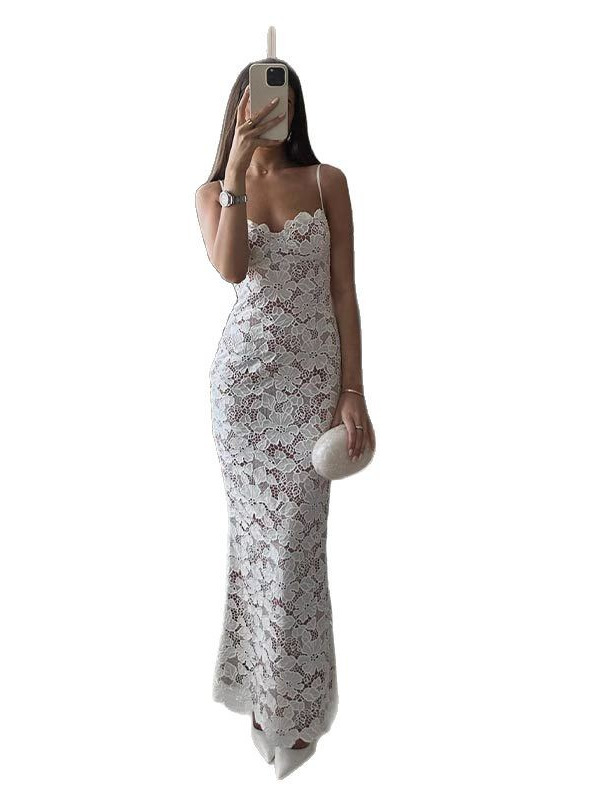 Europe and the United States cross-border 2025 new lace hollow strap dress flower decoration backless slim dress