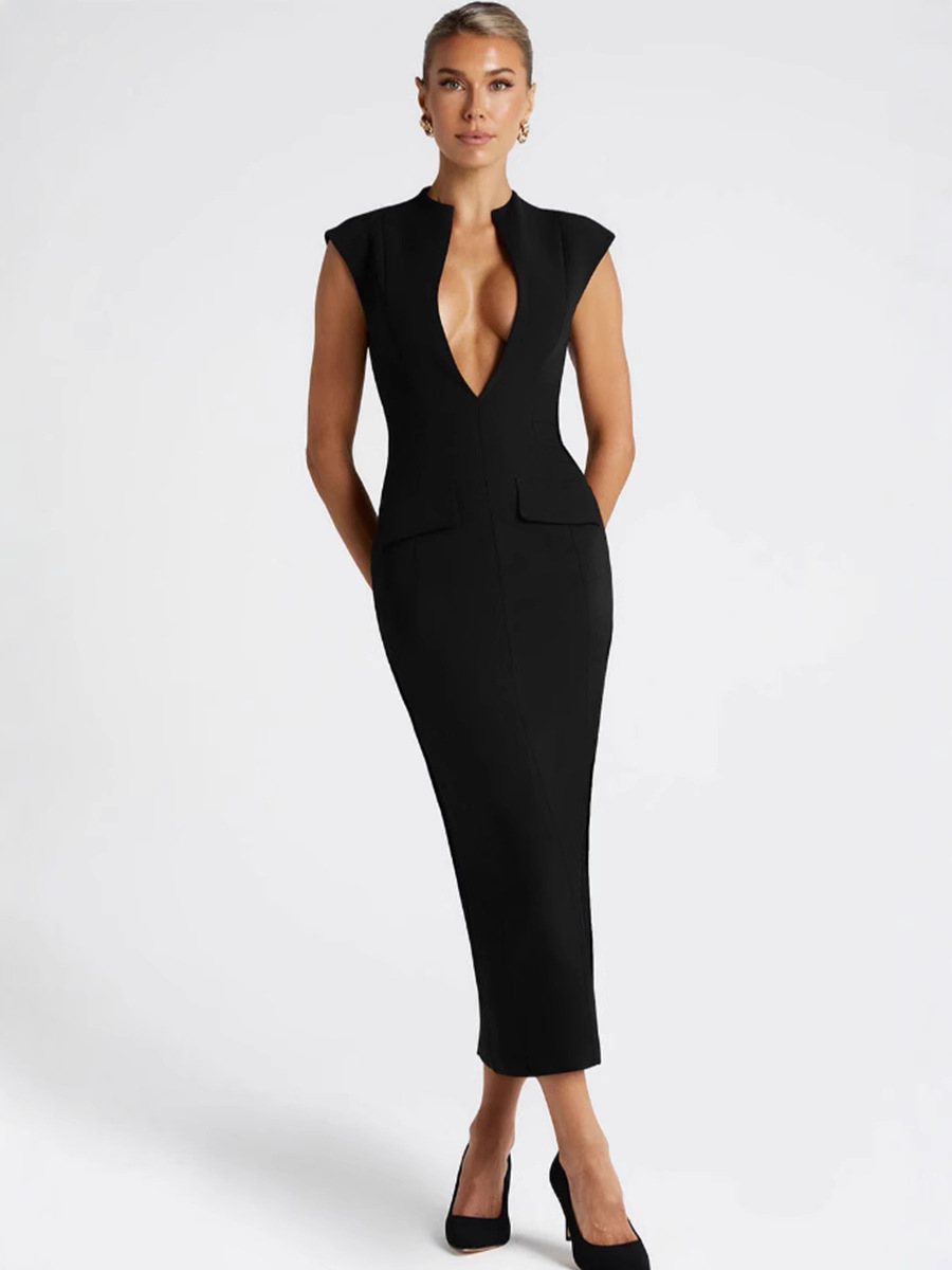 Simple Sexy Deep V Exposed Chest Hip Long Dress Women's 2025 Spring New Solid Color Knowledge Waist dress