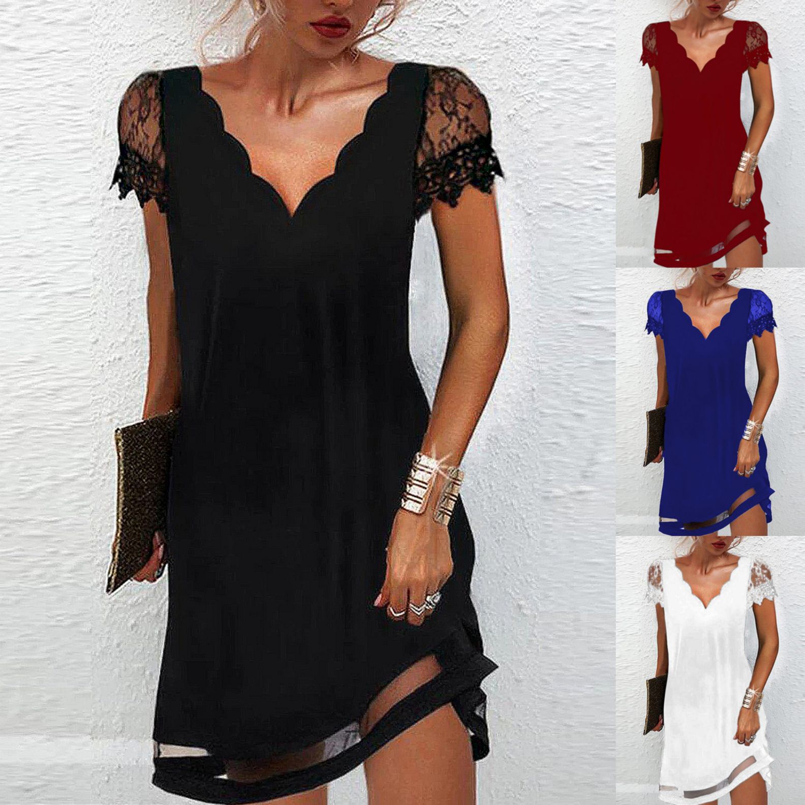 2023 New European and American Cross-border Autumn Urban Temperament Commuter Women's Wave V-neck Lace Short-sleeved Chiffon Dress
