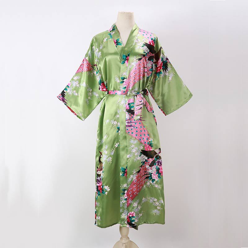 Picture of Women's Sexy Long Pajamas Summer Kimono Robe Thin Peacock Print Bathrobe Imitation Silk Kimono Nightgown Foreign Trade