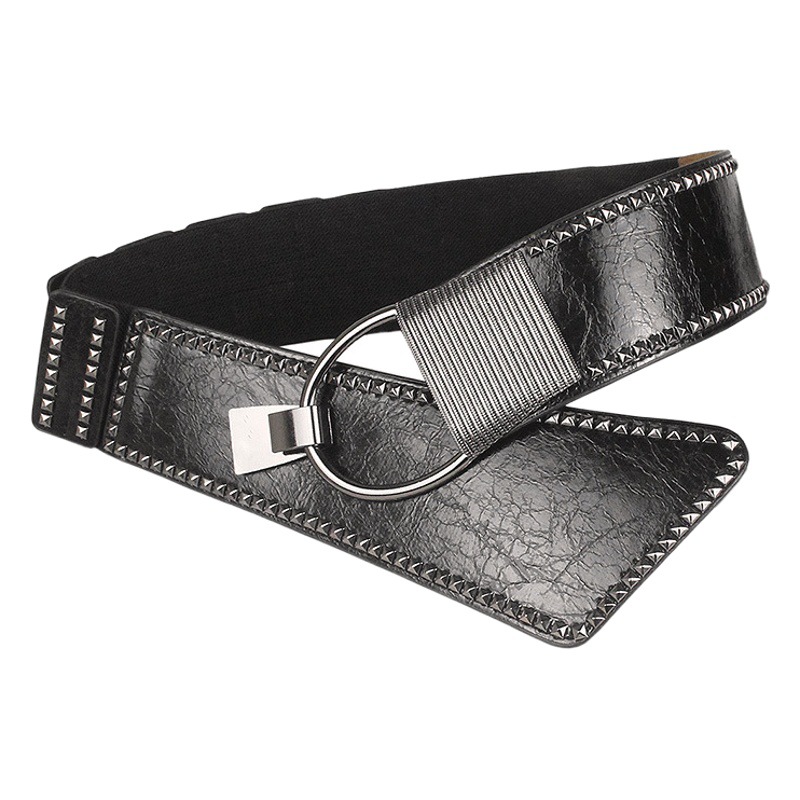 Oblique Waist Seal Women's Wide Rivet Punk Style Decoration Elastic Belt with Dress Coat Suit Elastic Belt
