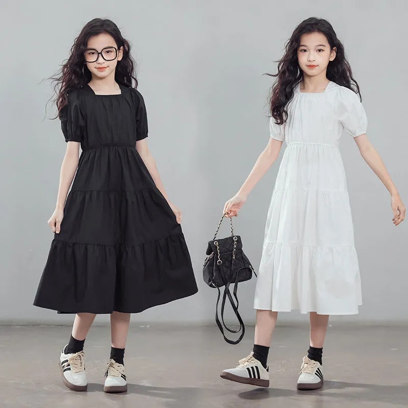 Girls Summer Elegant Princess Skirt New Korean Style Western Style Girls' Over-the-Knee Long Skirt Summer Solid Color dress