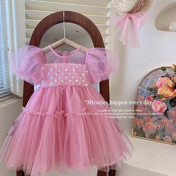 Picture of Girls' summer dress new western style children's summer dress baby girls' fluffy gauze dress girls' fashion pink dress