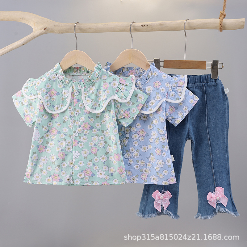 Summer 0-4 Years Old Girl Baby Floral dress suit Single-breasted Skirt Short-sleeved Children's Clothing Summer Clothes
