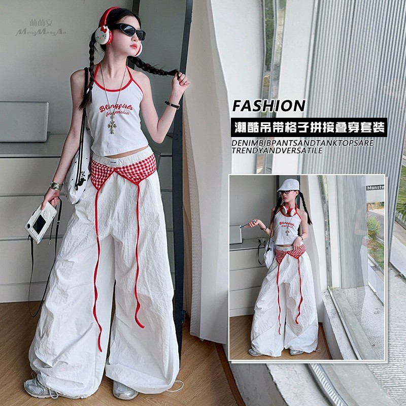Girls 2025 American Layered Design Strappy Paratrooper Pants Summer Loose Plaid Casual Pleated Wide-Leg Pants Trendy