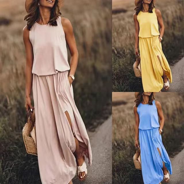 2024 Summer European and American Amazon New Round Neck Sleeveless Suspender Solid Color Split Lantern Skirt Dress Mid-Length Skirt
