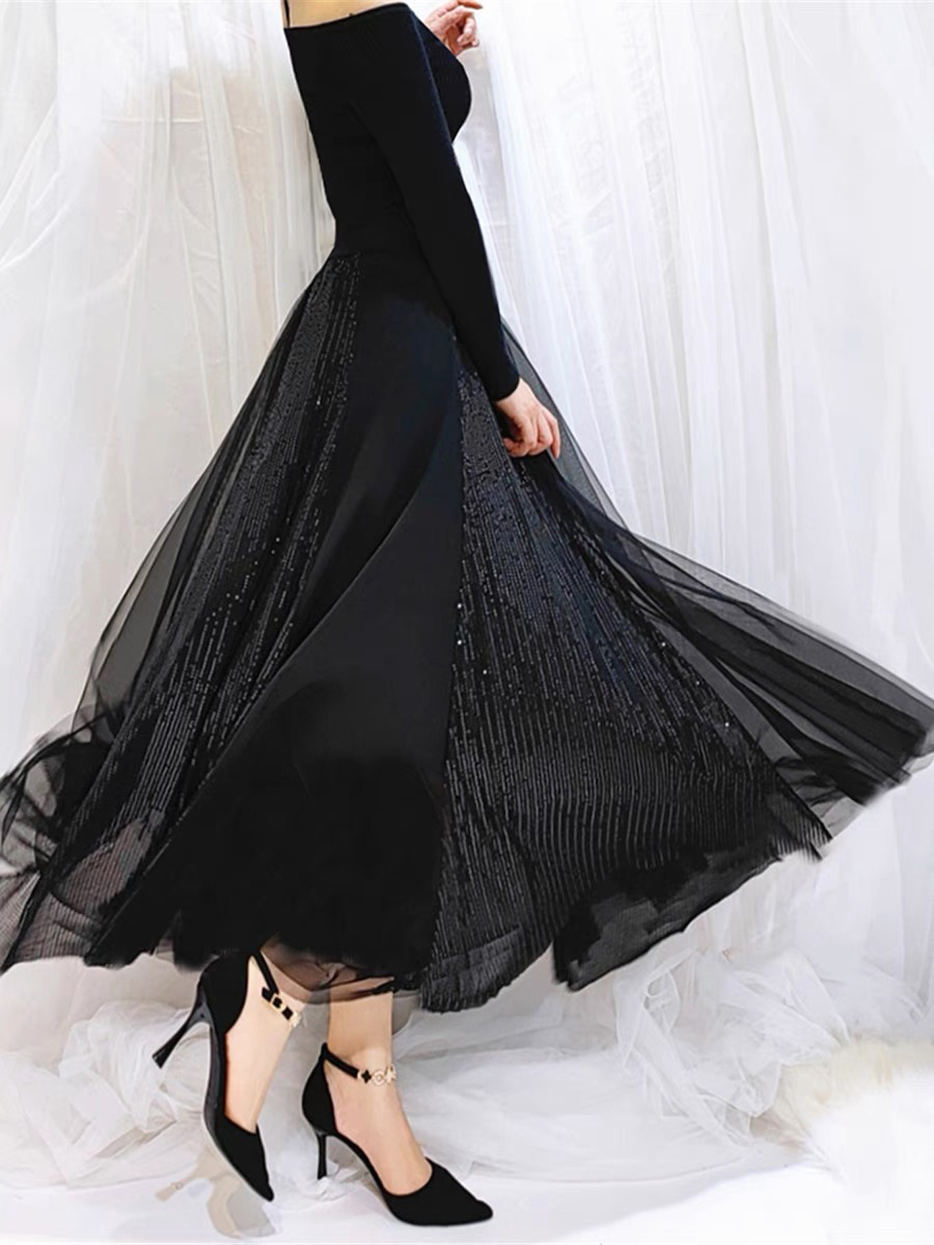 High-end gauze skirt light luxury heavy industry sequins embroidered skirt dancing banquet tour drape mesh dress cross-border explosions