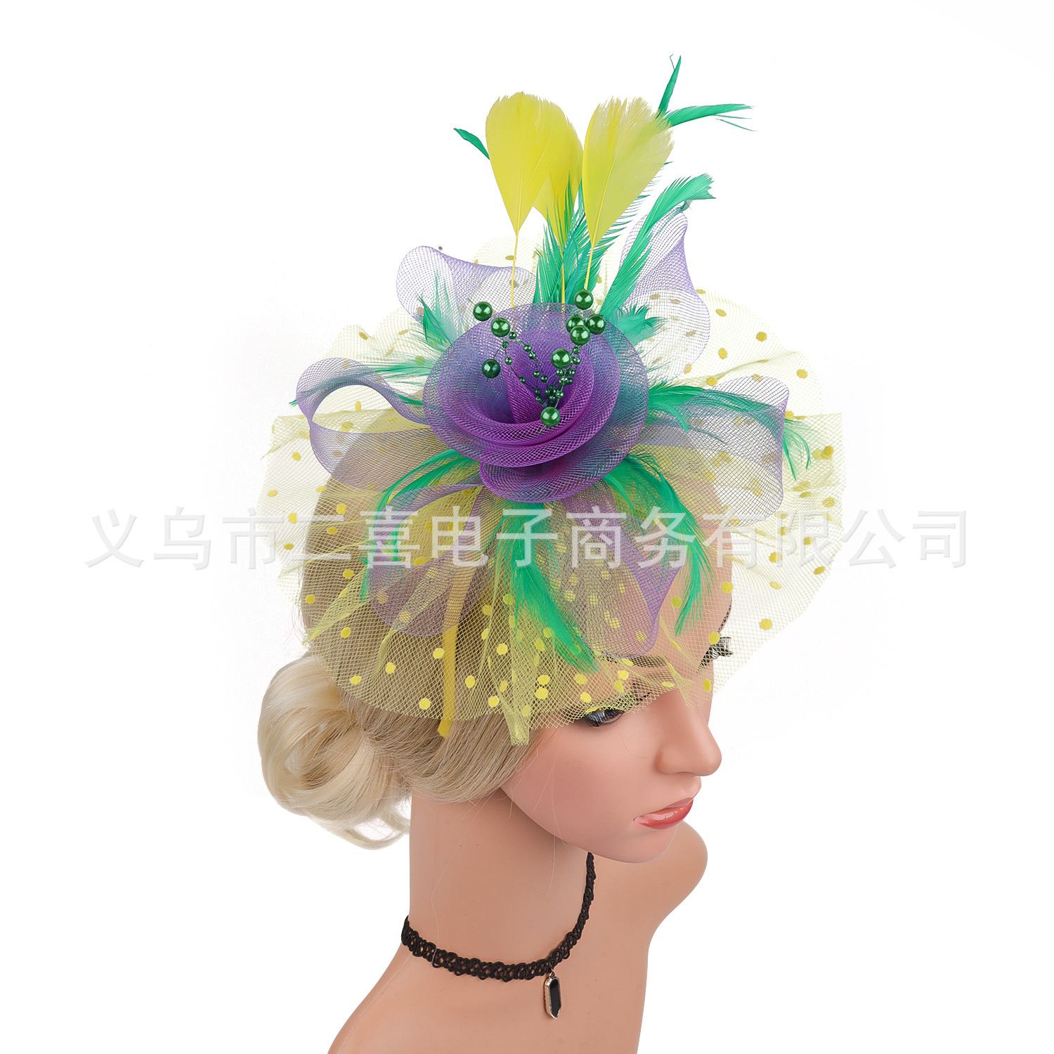 Picture of European and American Popular Amazon Feather Headdress Bridal Hair Accessories Mesh Top Hat Jockey Club Hair Accessories Hairpin Headband