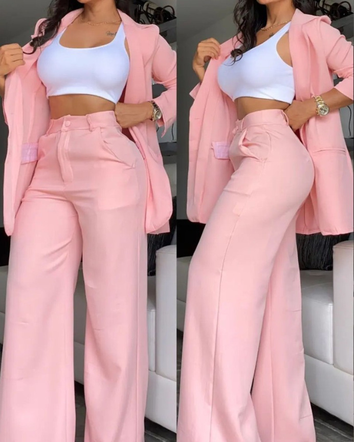 Picture of Cross-Border European and American Foreign Trade Summer Women's Clothing Elegant Solid Color Slit Sleeve Lapel Suit Straight Pants Suit for Women