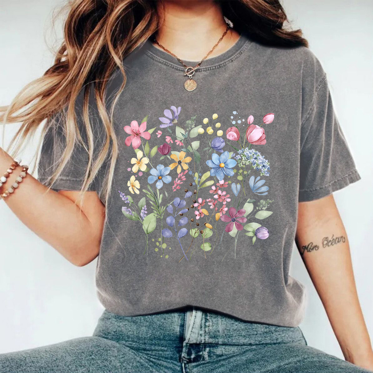 Picture of European and American Casual T-Shirt Pure Cotton Washed Old Floral Cross-Border Round Neck Short-Sleeved Ready-Made Tops for Women Export Orders
