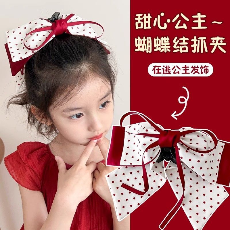 Girl's Sweetheart Princess Ribbon Bow Grab Clip Western-style Red Bow Hair Accessories Head High Ponytail Clip