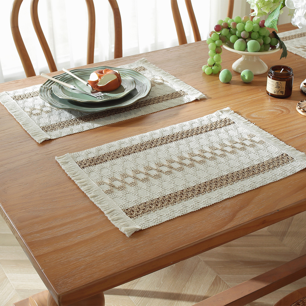 Picture of Amazon new cotton and hemp rope placemat holiday placemat woven color matching striped tassel bowl mat spot wholesale