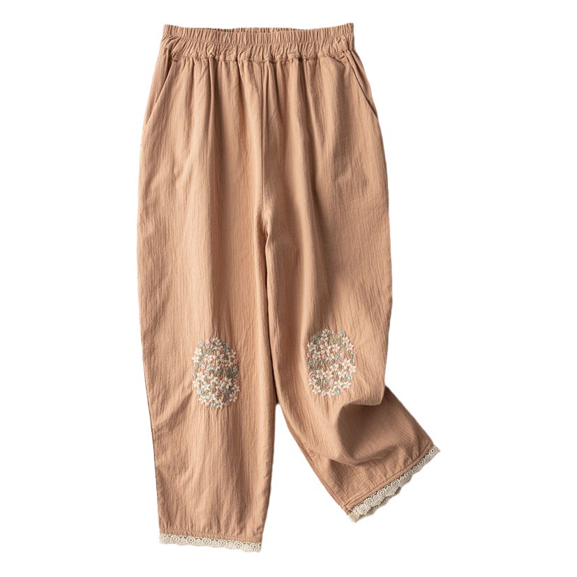 Cotton and Linen Lantern Pants Artistic Lace Stitching Embroidered Harlan Pants Women's Ankle-length Pants Summer Loose Casual Pants