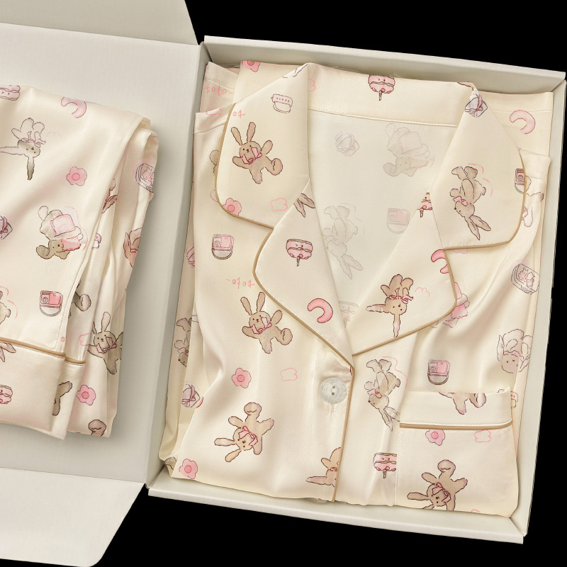 Cross-border spring and autumn fashion lapel cream doll bunny printed pajamas long sleeve trousers two-piece real shot wholesale