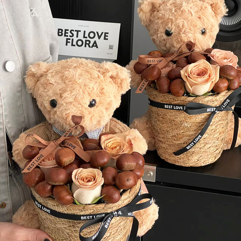 Picture of Net red Christmas chestnut birthday bear flower basket suit flower packaging materials DIY gift basket floral supplies