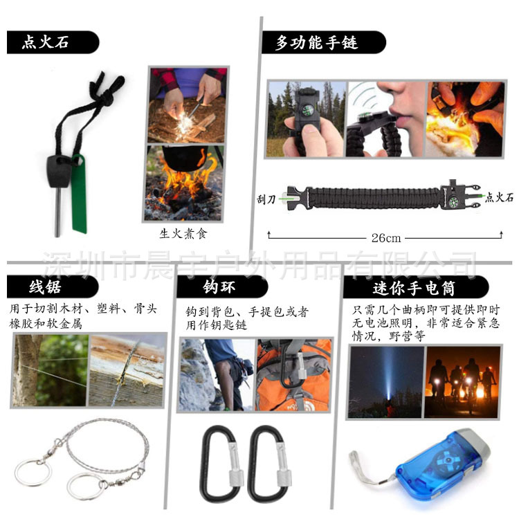 Picture of camping supplies outdoor equipment mountaineering backpack foreign trade outdoor survival mountaineering camping multi-function emergency kit