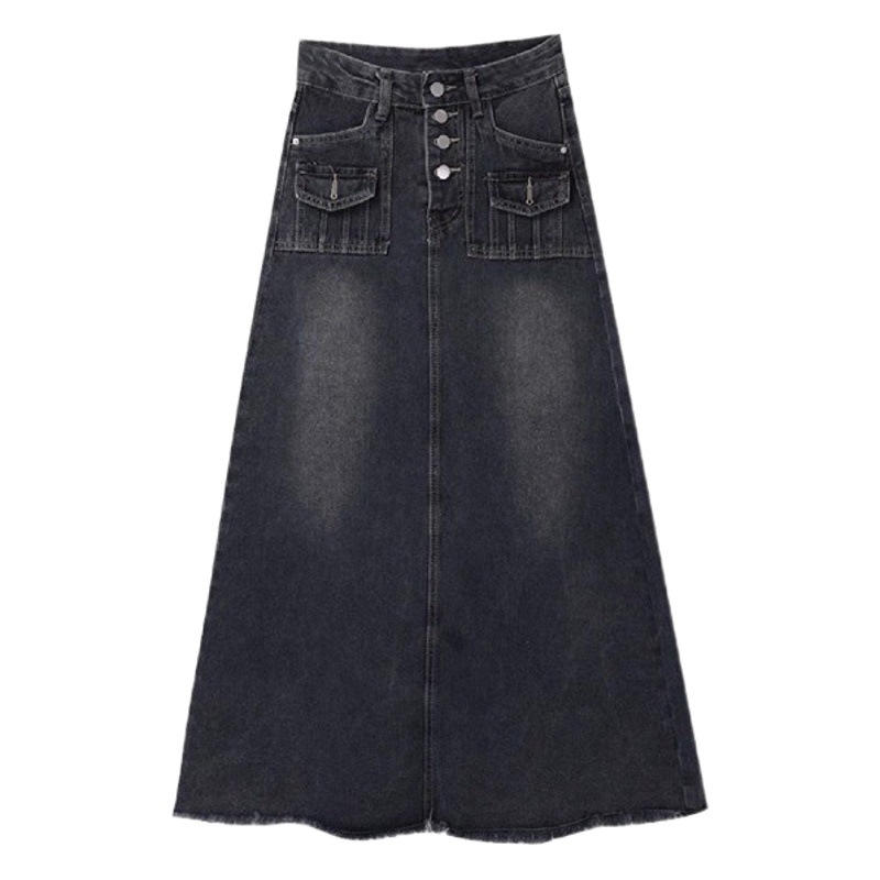American-style retro A- line Denim skirt women's spring and autumn high waist small slimming frayed mid-length umbrella skirt