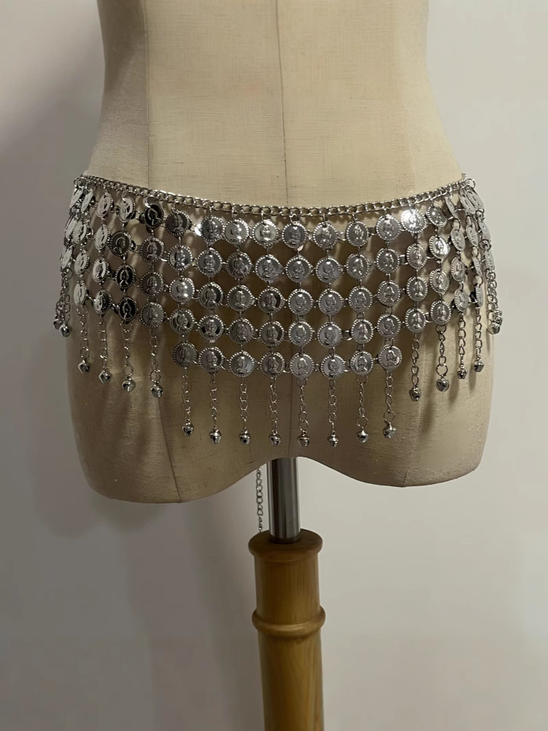 Belly dance gold coin waist chain beauty head belt alloy five-row waist bell five-layer gold and silver performance accessories metal