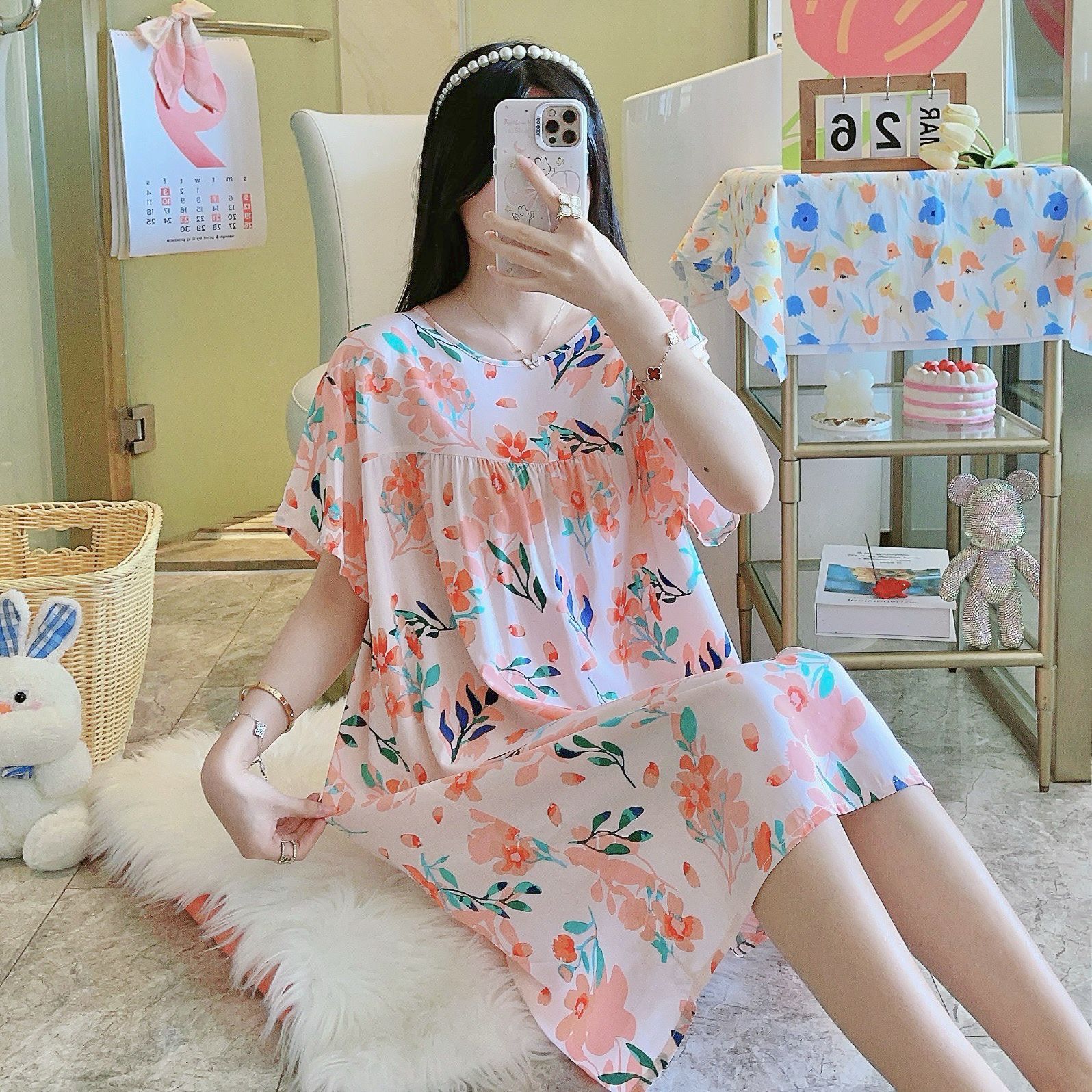 Picture of Cotton Silk Nightgown Women's Spring and Autumn Summer Thin Pajamas Korean Sweet Girls Online Celebrant Live Explosions Home Outwear Skirt