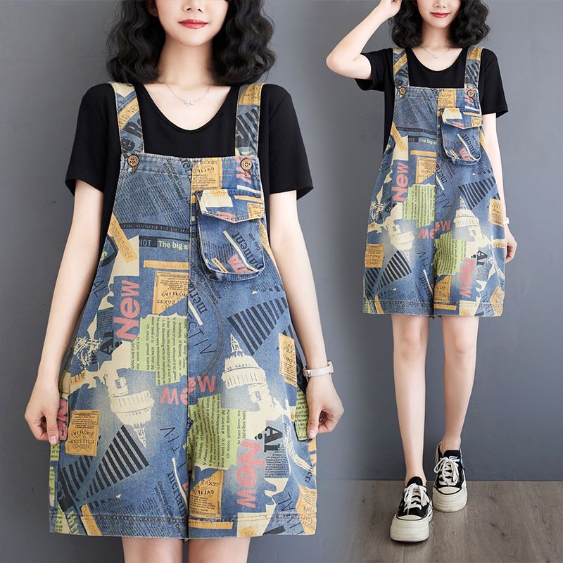 2024 Summer New Distinctive Printed Denim Strap Shorts Women's Stylish plus size Covering Sling One-piece Casual Pants