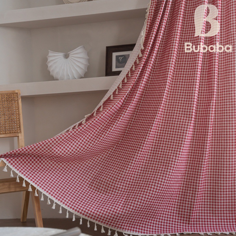 Picture of Flying cat cross-border new curtain plaid printed kitchen curtain beige tassel semi-shading decorative curtain factory wholesale