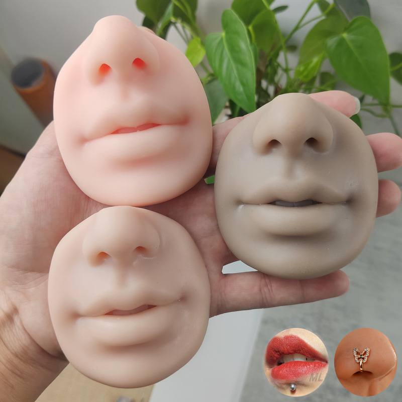 Tattoo 5D Lip Artificial Silicone with Nose Module, Ear Studs and Lip Studs, Novice Practice Piercing Training Props