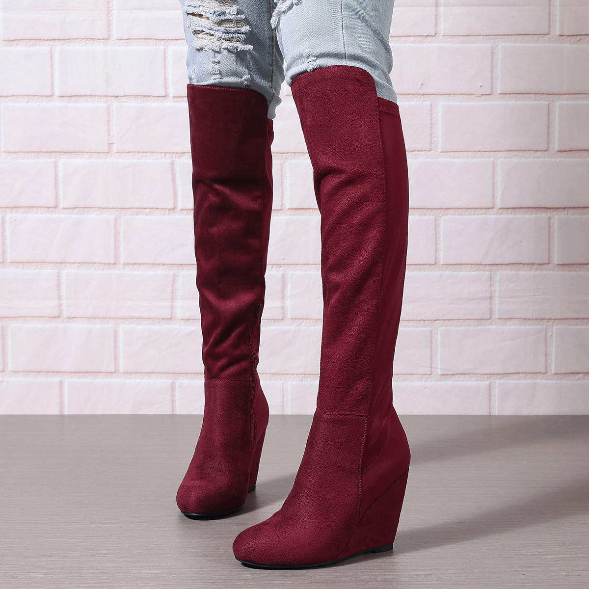 Jedi 2024 Autumn and Winter Export New European and American Round Toe Wedge Heel Over-The-Knee Suede Elastic Boots Women's Boots
