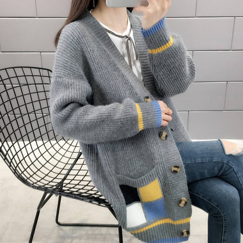 Picture of New Thickened Contrast Color Pocket Knitted Cardigan Women's 2024 Korean Style Autumn and Winter Loose Women's Outer Sweater Jacket Trendy