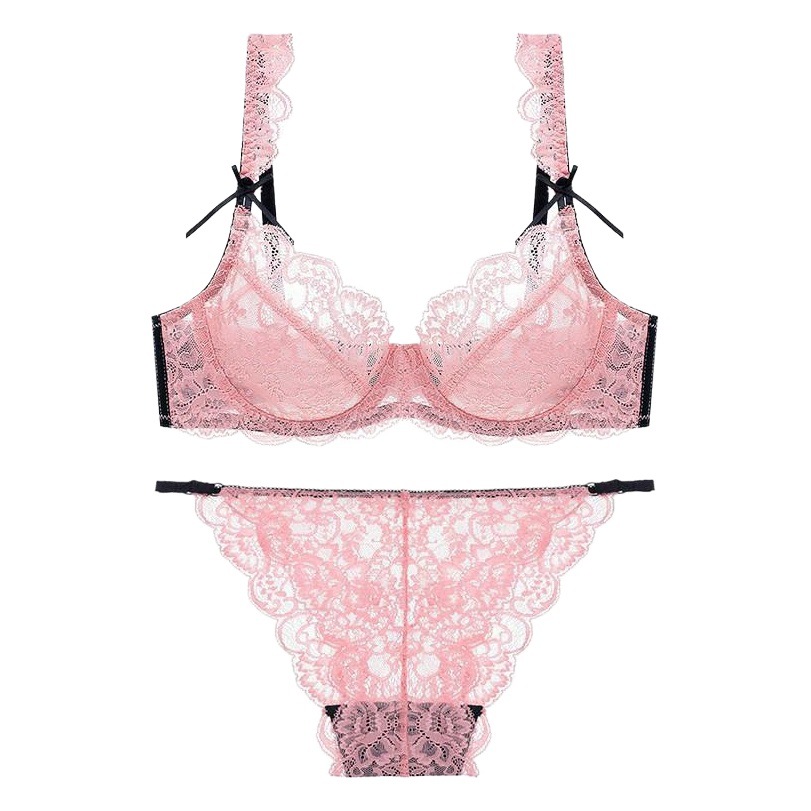 European and American Popular Sexy Lace Underwear French Ultra-Thin Transparent Sexy Underwear Big Breasts Showing Small Plus Size Bra Set