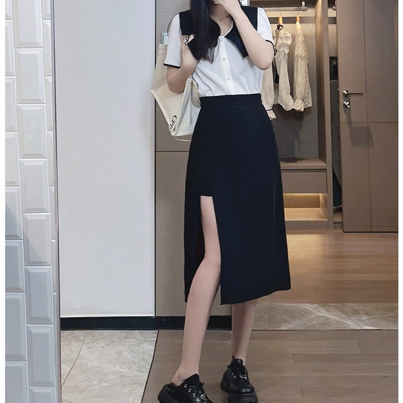 Irregular Slimming Look Mid-Length Skirt 2025 New Summer Black High-Waisted Skirt Large Size A-Line Skirt Small