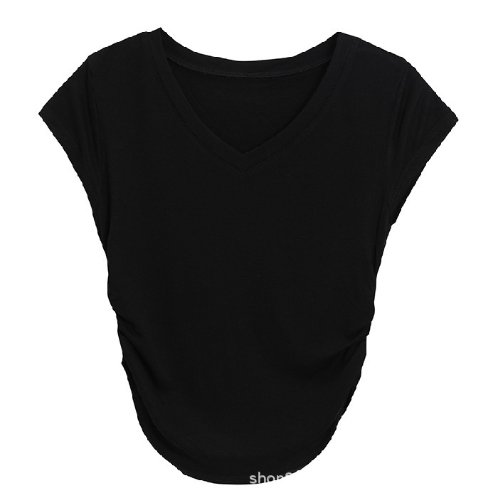 Picture of New Summer Irregular V-neck Shoulder Short-sleeved T-shirt Design Pleated Tight Waist Short High Waist Top Pure Hot Girl