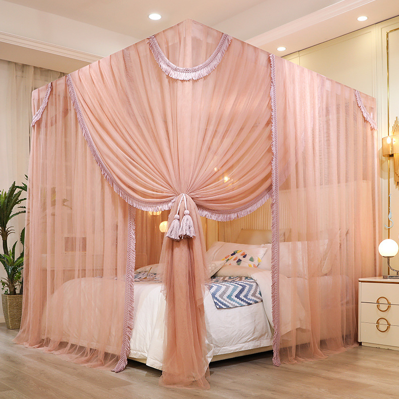 Picture of Princess Wind Shading Tassel Bed Mantle Floor-Standing Mosquito Net Thickened Cloth Curtain Court Wind Bedroom Dust-proof Net Paint Bracket