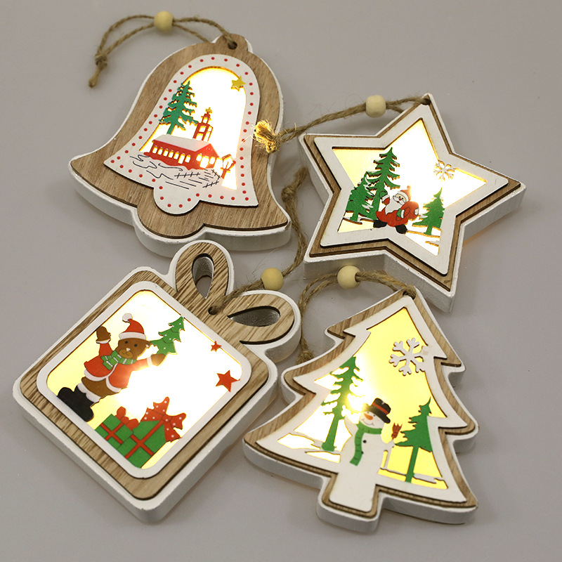 Cross-border Wholesale Christmas Decorations Luminous Wooden Small Christmas Tree Christmas Gift Box Pendant Christmas Tree Decorations