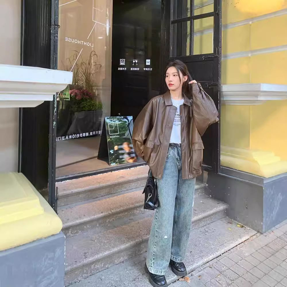 Picture of Retro Brown Leather Jacket Women's Short 2025 Autumn and Winter Small Korean Style Loose Leather Jacket Handsome Motorcycle Jacket