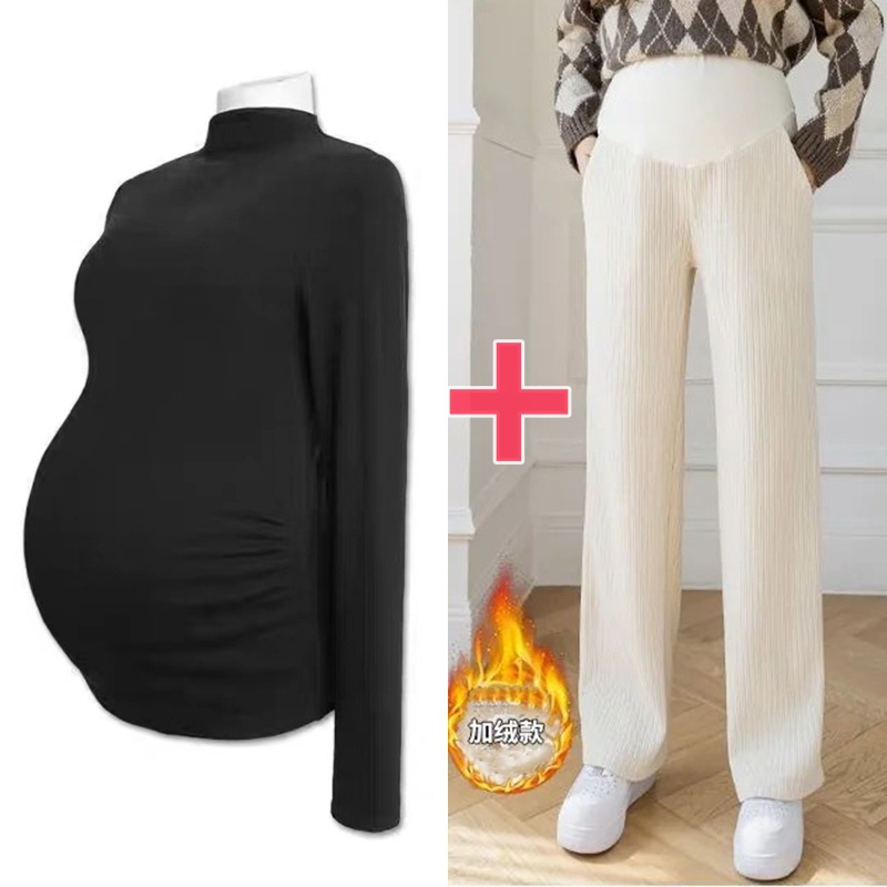 Picture of Pregnant women's clothing fashion spring autumn winter two-piece pregnant women adjustable abdominal pants solid color velvet warm bottoming shirt suit