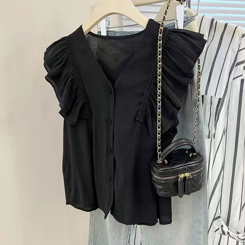 Picture of Chiffon Lace Shirt for Women Petite Flying Sleeves French Ruffle Collar Collarbone High-End Sleeveless Top for Women