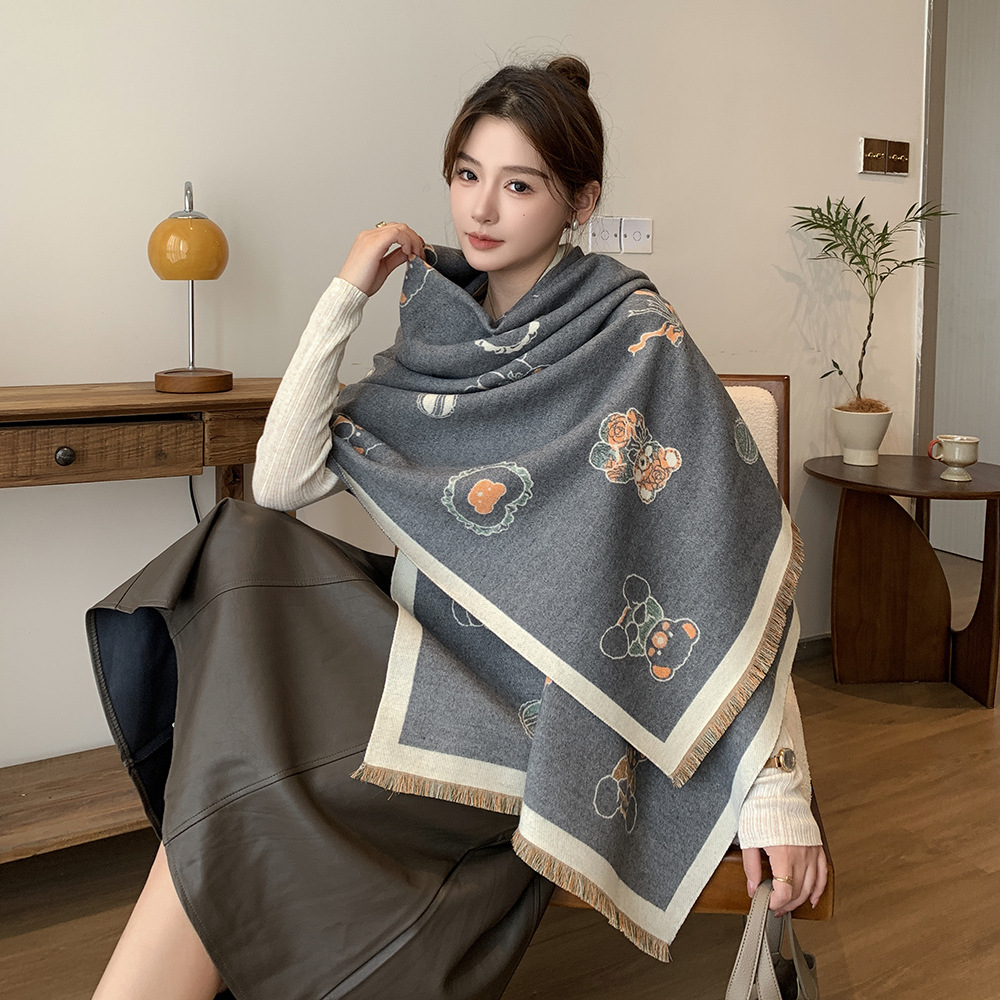 Picture of Cartoon Cute Cat Double-Sided Double-Wearing Imitation Cashmere Women's Winter Thickened Warm Neck Shawl Student Soft