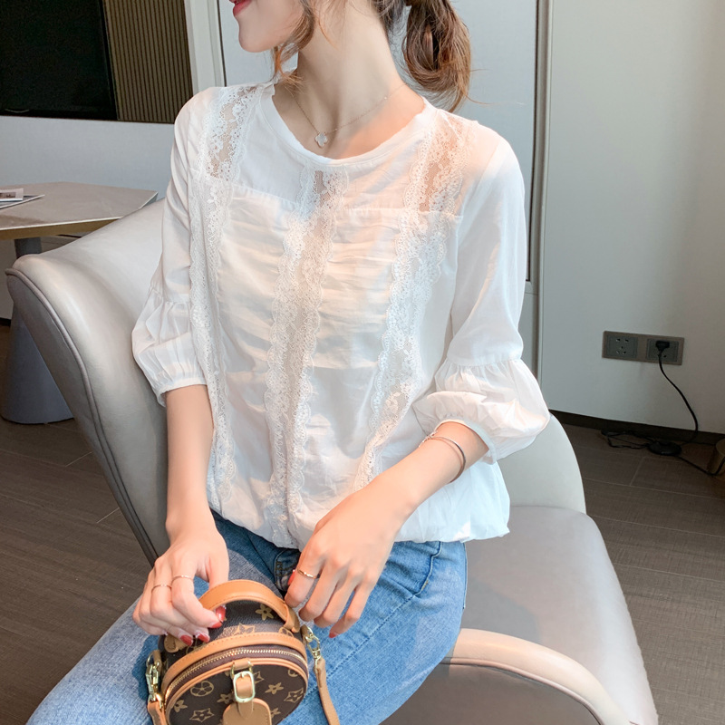 Lace Shirt for Women 2022 New Floral Lantern Sleeve Spring and Summer Chiffon Shirt Cut Out Top Chiffon Shirt